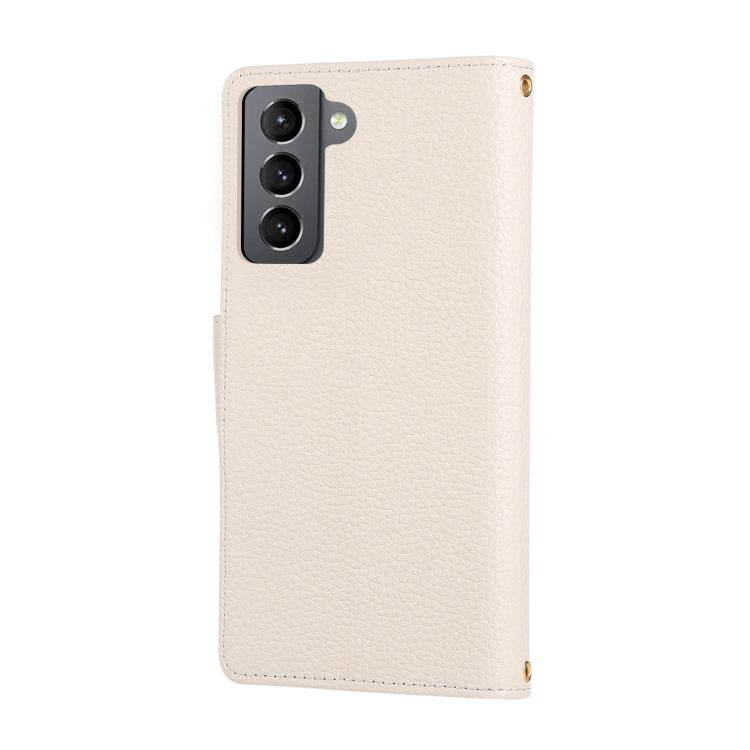Funda de cuero con hebilla redonda y cremallera para Samsung Galaxy S21 FE 5G, con correa cruzada (blanca)