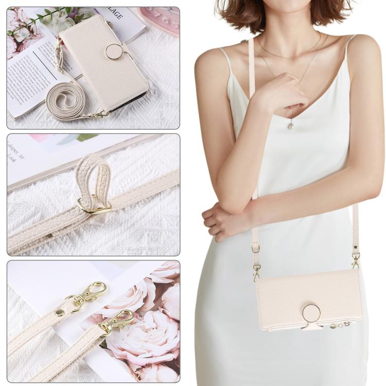 Funda de cuero tipo billetera con hebilla redonda y cremallera para Samsung Galaxy S21 5G con correa cruzada (blanca)