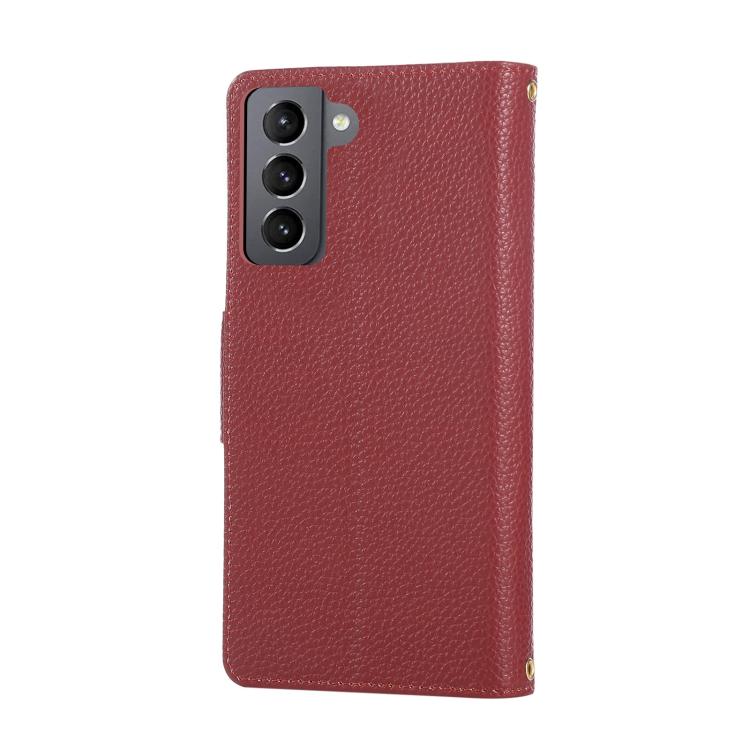Funda de cuero tipo billetera con hebilla redonda y cremallera para Samsung Galaxy S21+ 5G con correa cruzada (roja)