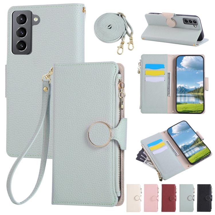 Funda de cuero tipo billetera con hebilla redonda y cremallera para Samsung Galaxy S22+ 5G con correa cruzada (azul cielo)