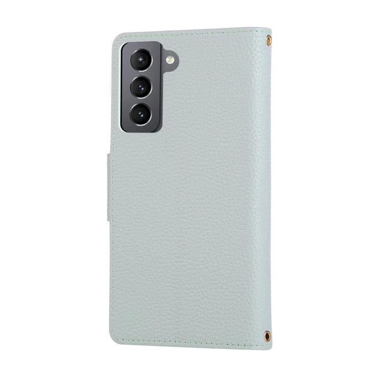 Funda de cuero con hebilla redonda y cremallera para Samsung Galaxy S22 5G, con correa cruzada (azul cielo)
