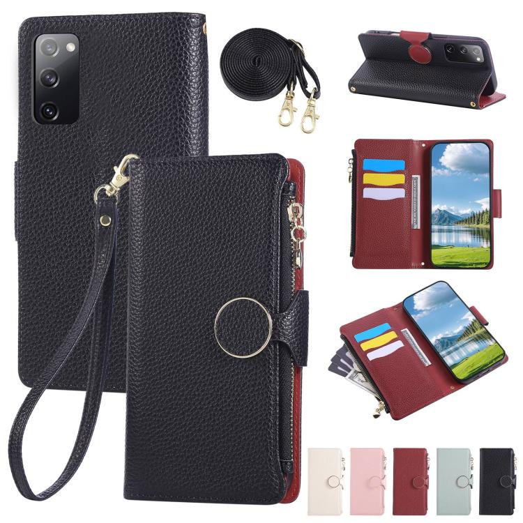 Funda de cuero con hebilla redonda y cremallera para Samsung Galaxy S20 FE con correa cruzada (negro)