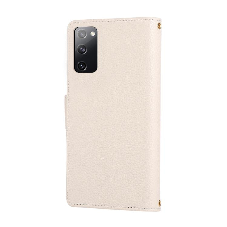 Funda de cuero con hebilla redonda y cremallera para Samsung Galaxy S20 FE con correa cruzada (blanca)