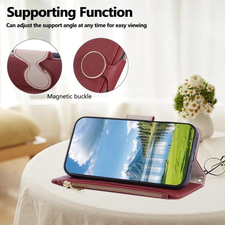 Funda de cuero tipo billetera con hebilla redonda y cremallera para Samsung Galaxy Note20 Ultra con correa cruzada (roja)
