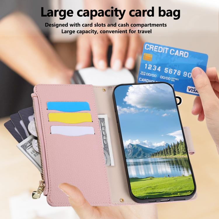 Funda de cuero tipo billetera con hebilla redonda y cremallera para Samsung Galaxy A24 5G con correa cruzada (rosa)