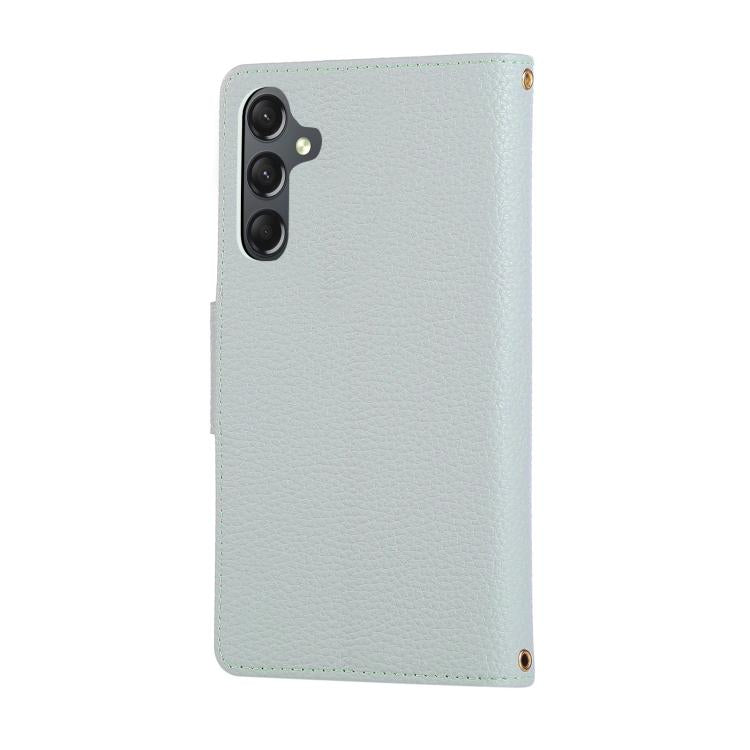 Funda de cuero tipo billetera con hebilla redonda y cremallera para Samsung Galaxy A15 5G con correa cruzada (azul cielo)
