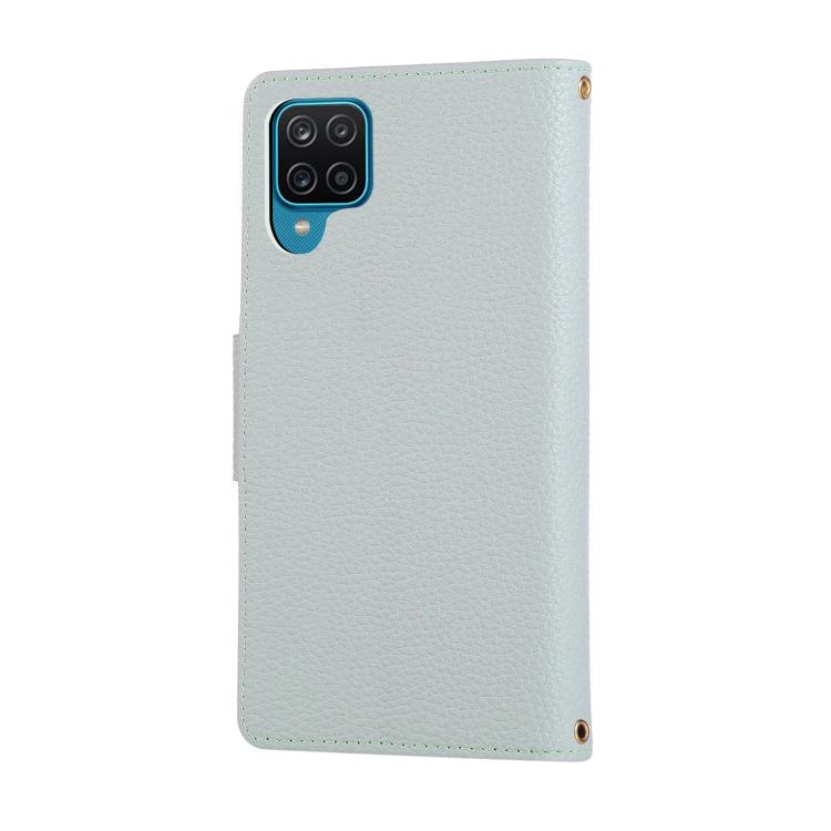 Funda de cuero tipo billetera con hebilla redonda y cremallera para Samsung Galaxy A42 5G con correa cruzada (azul cielo)