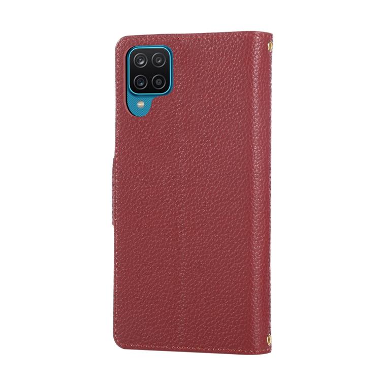 Funda de cuero tipo billetera con hebilla redonda y cremallera para Samsung Galaxy A12 5G con correa cruzada (roja)
