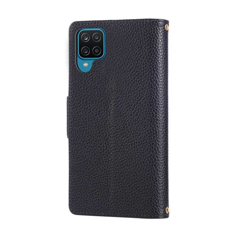 Funda de cuero con hebilla redonda y cremallera para Samsung Galaxy A12 5G, con correa cruzada (negro)