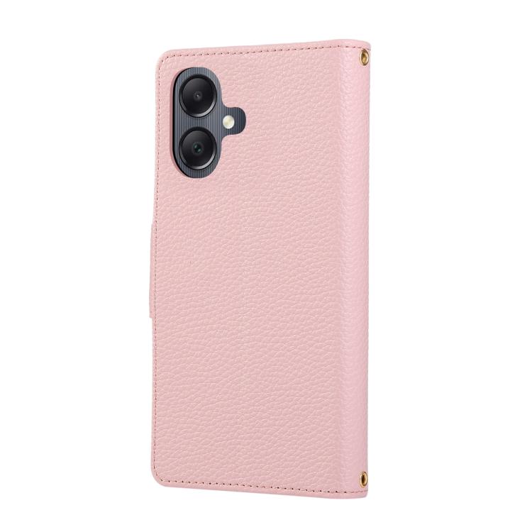 Funda de cuero tipo billetera con hebilla redonda y cremallera para Samsung Galaxy A05 con correa cruzada (rosa)