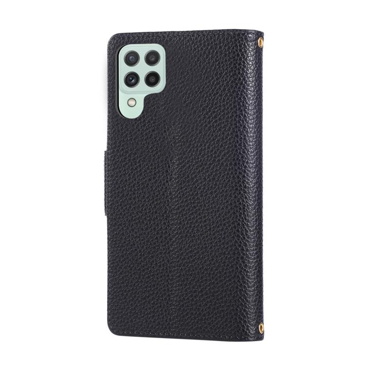 Funda de cuero tipo billetera con hebilla redonda y cremallera para Samsung Galaxy A22 4G con correa cruzada (negro)