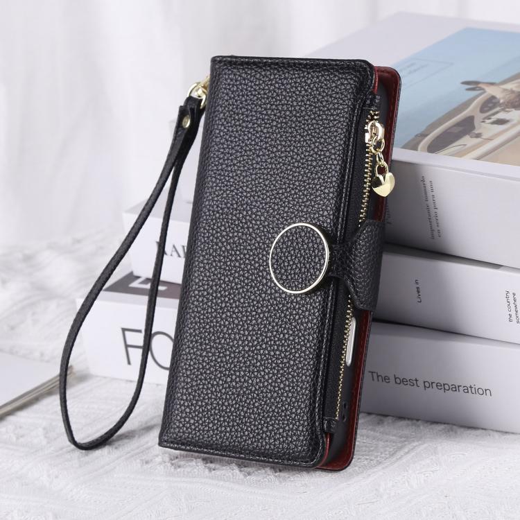 Funda de cuero con hebilla redonda y cremallera para Samsung Galaxy A53 5G, con correa cruzada (negro)