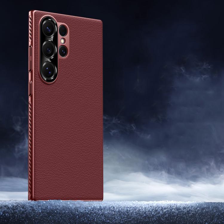 Funda híbrida de PC de cuero liso con protección suave y refrescante para Samsung Galaxy S25 Ultra 5G (roja)