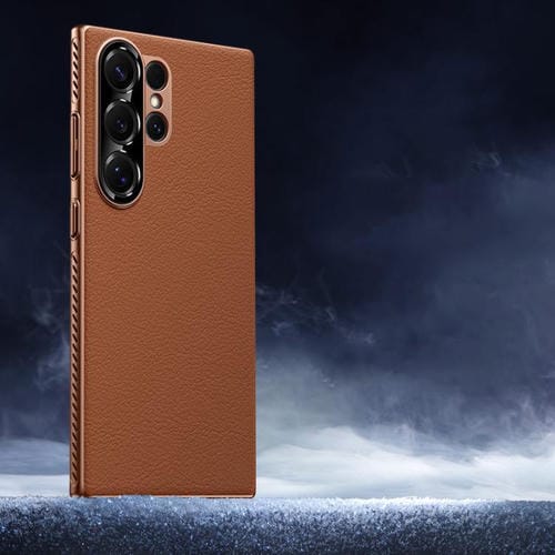 Funda híbrida de PC de cuero liso con protección suave y refrescante para Samsung Galaxy S24 Ultra 5G (marrón)