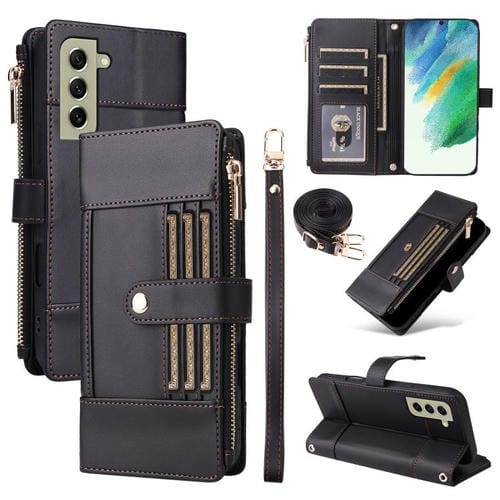 Funda de cuero con cremallera y bloqueo RFID para Samsung Galaxy S21 FE 5G (negro)