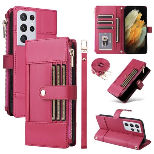 Funda de cuero con cremallera y bloqueo RFID para Samsung Galaxy S21 Ultra 5G (roja)