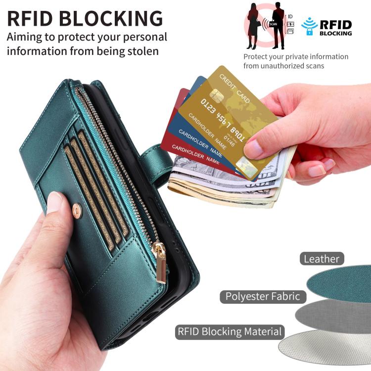 Funda de cuero tipo cartera con cremallera y bloqueo RFID para Samsung Galaxy A15 5G (verde)