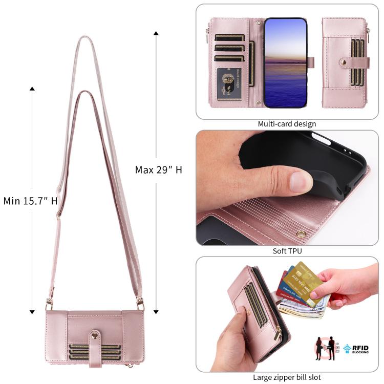 Funda de cuero tipo cartera con cremallera y bloqueo RFID para Samsung Galaxy A35 5G (oro rosa)