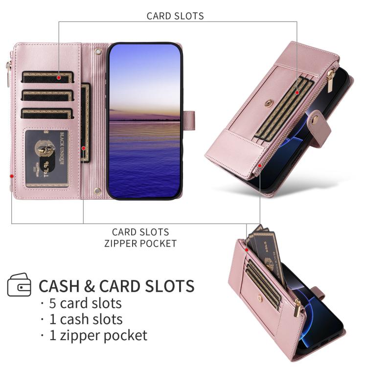 Funda de cuero tipo cartera con cremallera y bloqueo RFID para Samsung Galaxy A36 5G (oro rosa)