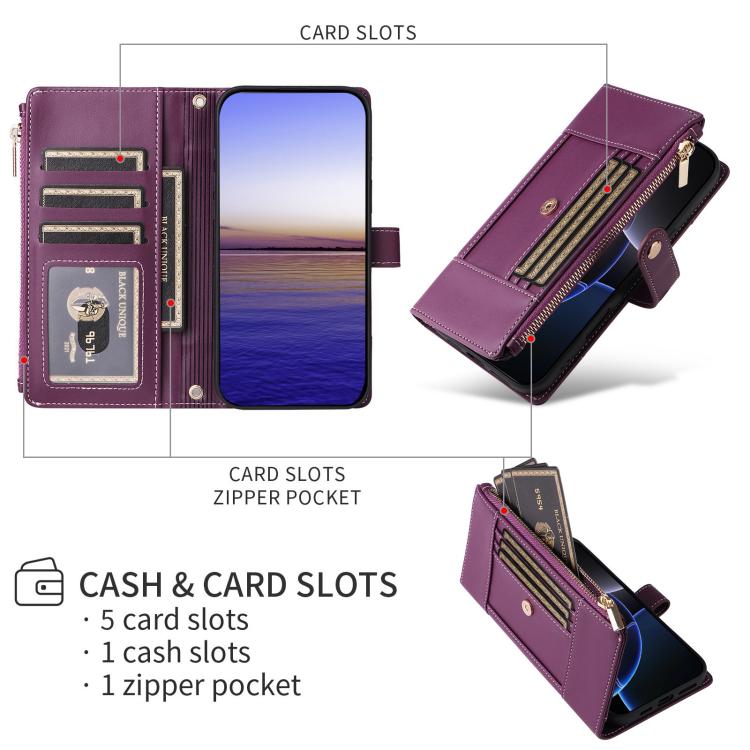 Funda de cuero tipo cartera con cremallera y bloqueo RFID para Samsung Galaxy A36 5G (morado)