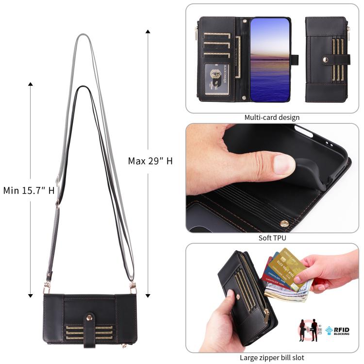 Funda de cuero tipo cartera con cremallera y bloqueo RFID para Samsung Galaxy A55 5G (negro)