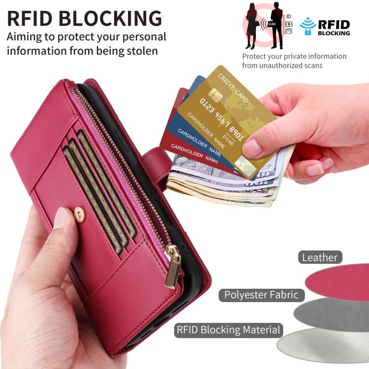 Funda de cuero tipo cartera con cremallera y bloqueo RFID para Samsung Galaxy A55 5G (roja)