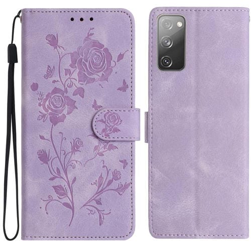 Funda de cuero con estampado floral en relieve para Samsung Galaxy S20 FE 5G (morado claro)