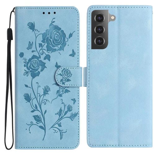 Funda de piel con estampado floral en relieve para Samsung Galaxy S21+ 5G (azul cielo)