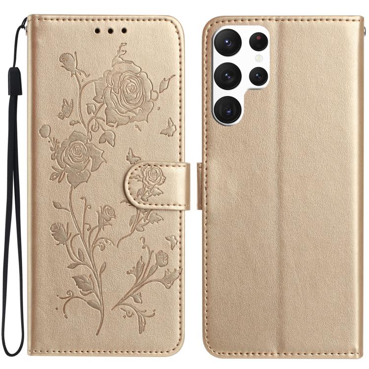 Funda de cuero con estampado floral en relieve para Samsung Galaxy S22 Ultra 5G (dorada)