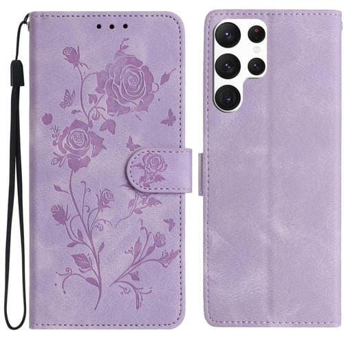 Funda de cuero con estampado floral en relieve para Samsung Galaxy S22 Ultra 5G (morado claro)