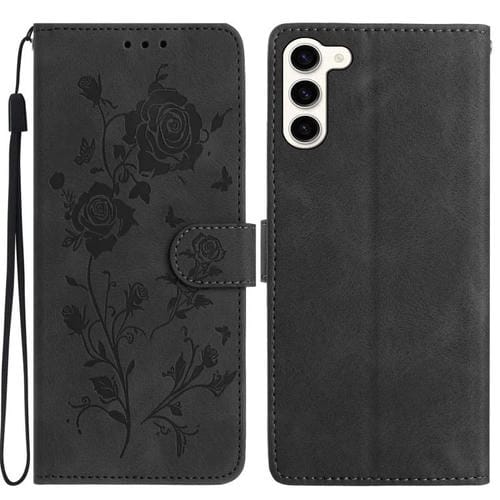 Funda de cuero con estampado de rosas en relieve para Samsung Galaxy S23 5G (negra)