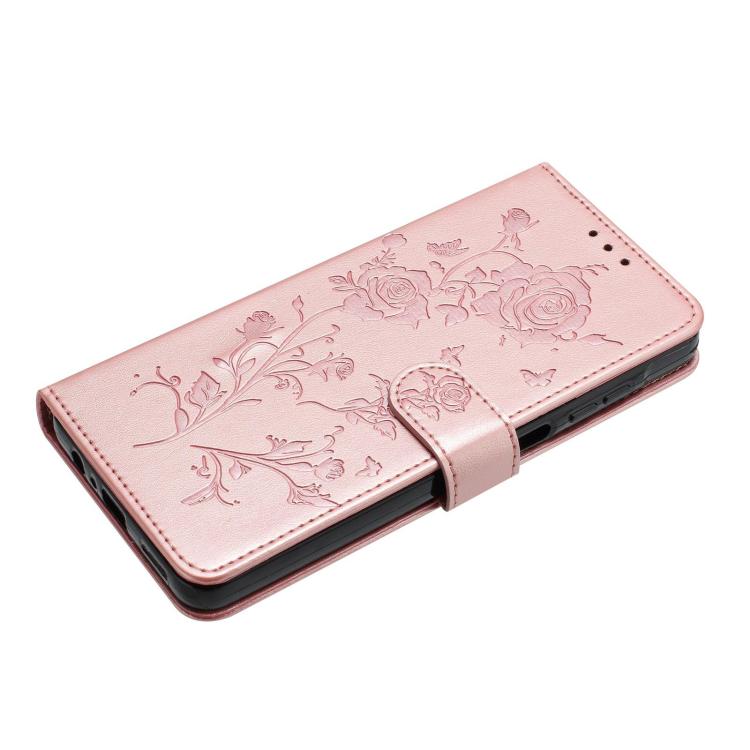 Funda de cuero con estampado floral en relieve para Samsung Galaxy S23+ 5G (oro rosa)