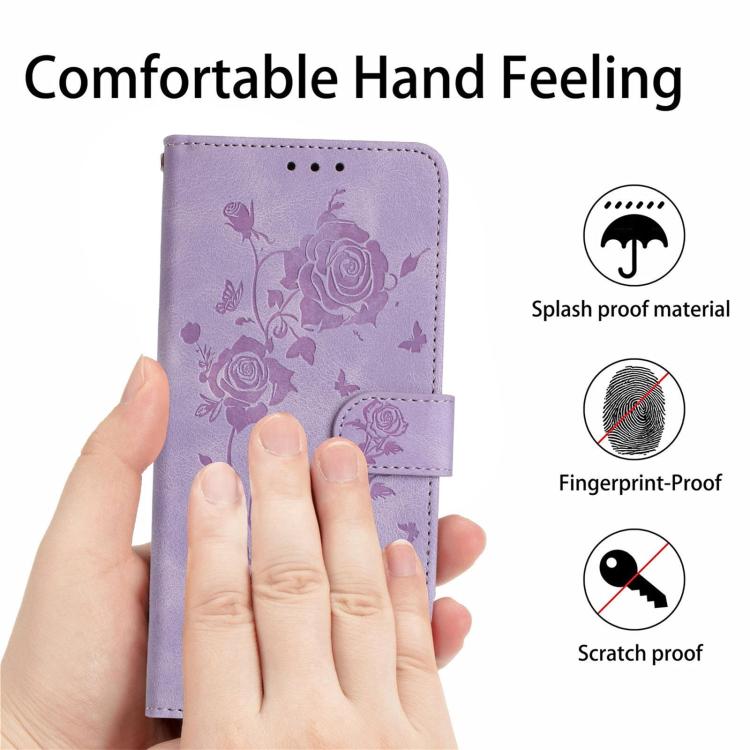 Funda de cuero con estampado de rosas en relieve para Samsung Galaxy S24 5G (morado claro)
