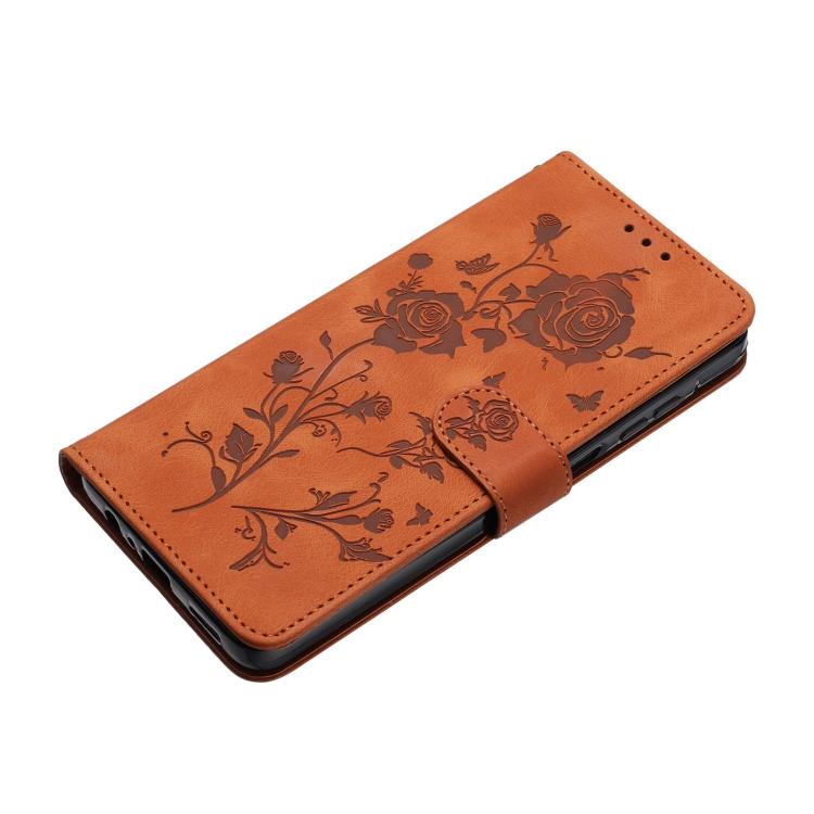 Funda de cuero con estampado de rosas en relieve para Samsung Galaxy S25 Edge 5G (marrón)