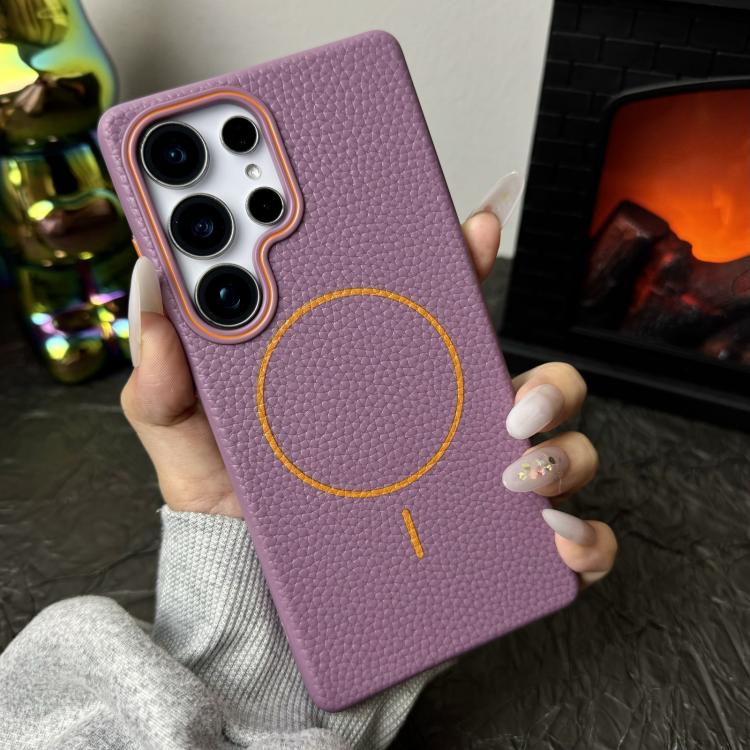 Funda de TPU con diseño de círculo fino MagSafe y textura de lichi para Samsung Galaxy S24 Ultra 5G (morado y naranja)
