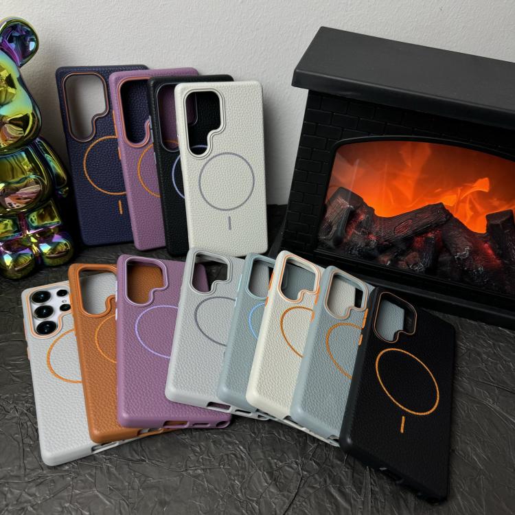 Funda de TPU con diseño de círculo fino MagSafe y textura de lichi para Samsung Galaxy S24+ 5G (azul oscuro y naranja)