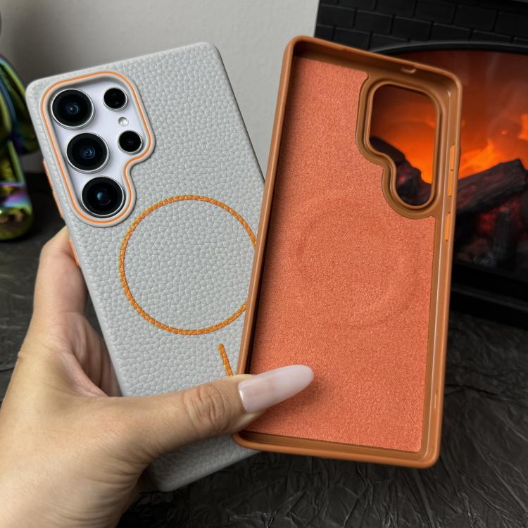 Funda de TPU con textura de lichi MagSafe para Samsung Galaxy S25 5G (negro y naranja)