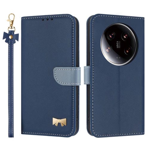 Funda de cuero con lazo metálico y correa para Xiaomi 14 Ultra (azul oscuro)