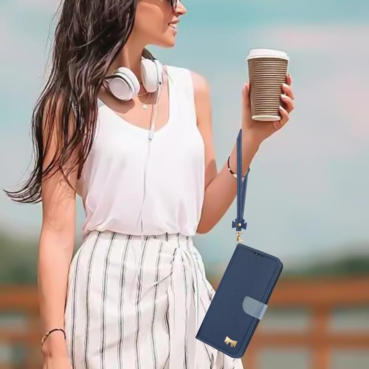 Funda de cuero con lazo metálico y correa para la mano para Xiaomi 15 Pro (azul oscuro)
