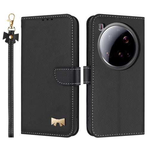 Funda de cuero con lazo metálico y correa de mano para Xiaomi 15 Ultra (negra)