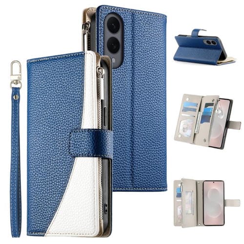 Funda de cuero con cremallera para Samsung Galaxy S25 Edge 5G, con costuras, para múltiples tarjetas y correa corta (azul oscuro)