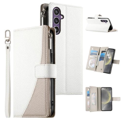 Funda de cuero tipo billetera con cremallera y múltiples tarjetas, con costuras y correa corta para Samsung Galaxy S24 5G/S25 5G (blanca)
