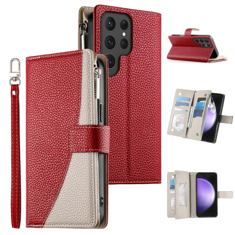 Funda de cuero tipo billetera con cremallera para Samsung Galaxy S23 Ultra 5G, con costuras, múltiples tarjetas y correa corta (roja)