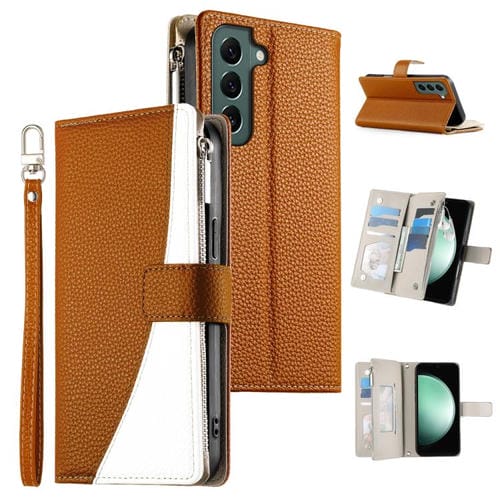 Funda de cuero con cremallera para Samsung Galaxy S22+ 5G, con costuras, para múltiples tarjetas y correa corta (marrón)