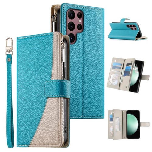 Funda de cuero tipo billetera con cremallera para Samsung Galaxy S22 Ultra 5G, con costuras, múltiples tarjetas y correa corta (azul)