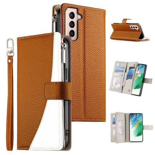 Funda de cuero con cremallera para Samsung Galaxy S21+ 5G, con costuras, para múltiples tarjetas y correa corta (marrón)