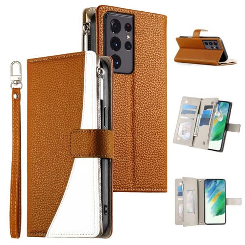 Funda de cuero con cremallera para Samsung Galaxy S21 Ultra 5G, con costuras, para múltiples tarjetas y correa corta (marrón)