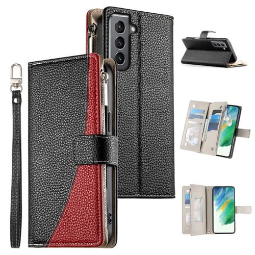 Funda de cuero tipo billetera con cremallera y múltiples tarjetas para Samsung Galaxy S21 5G con costuras y correa corta (negra)