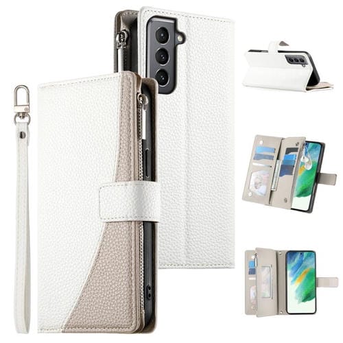 Funda de cuero tipo billetera con cremallera y múltiples tarjetas para Samsung Galaxy S21 5G, con costuras y correa corta (blanca)