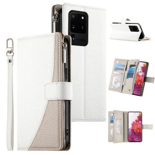 Funda de cuero tipo billetera con cremallera y múltiples tarjetas para Samsung Galaxy S20 Ultra con costuras y correa corta (blanca)